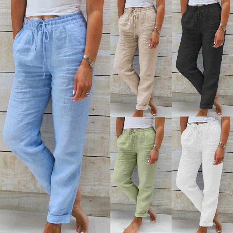 Pantalon casual taille haute coton lin femme — Lofari